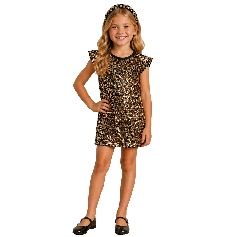 NWT Girls Cupcakes And Cashmere 8 Black and Gold Sequin Dress and Headband Set